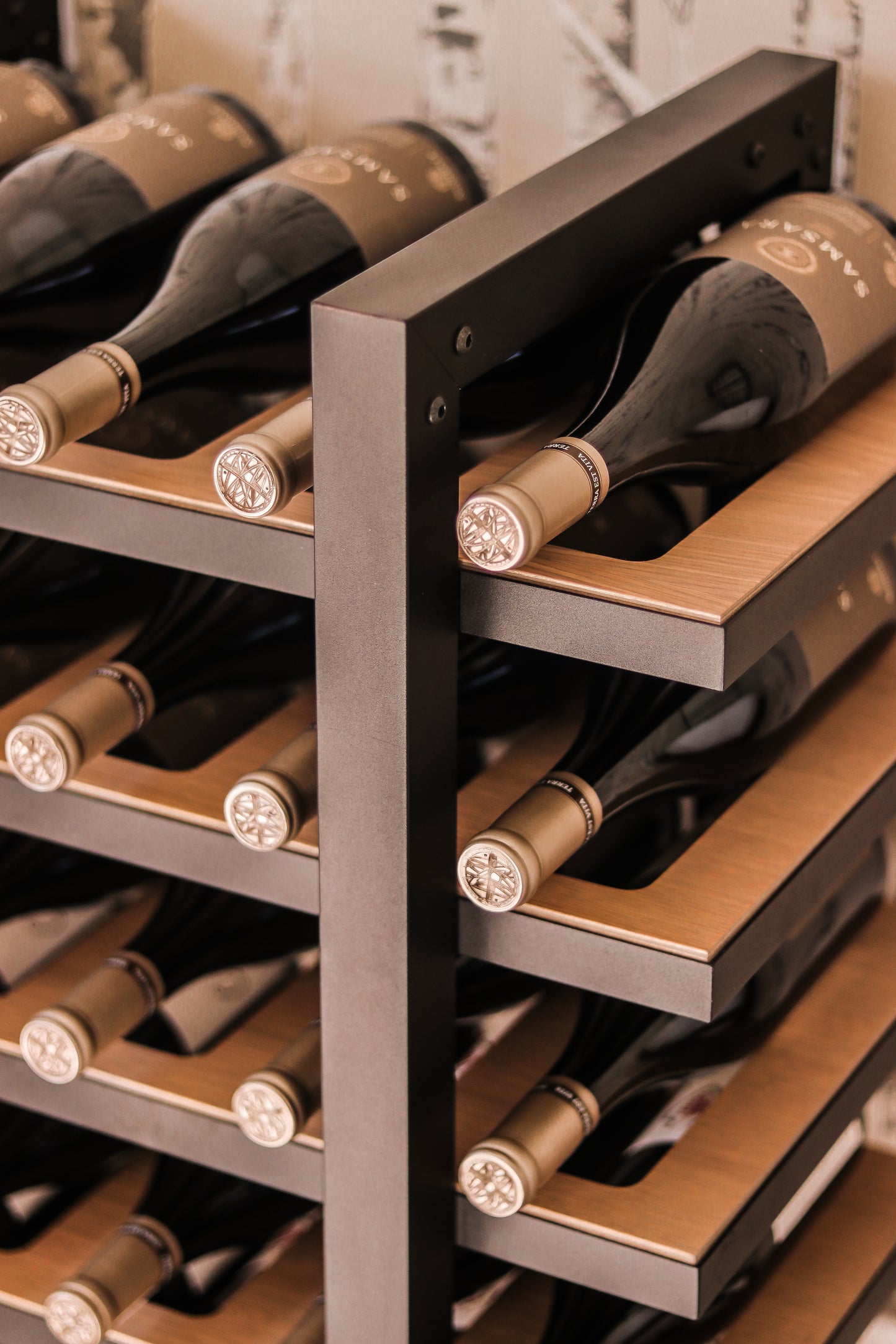 Veneto Wine Rack 36 Bottle | Black Aluminum Frame Oak Shelves
